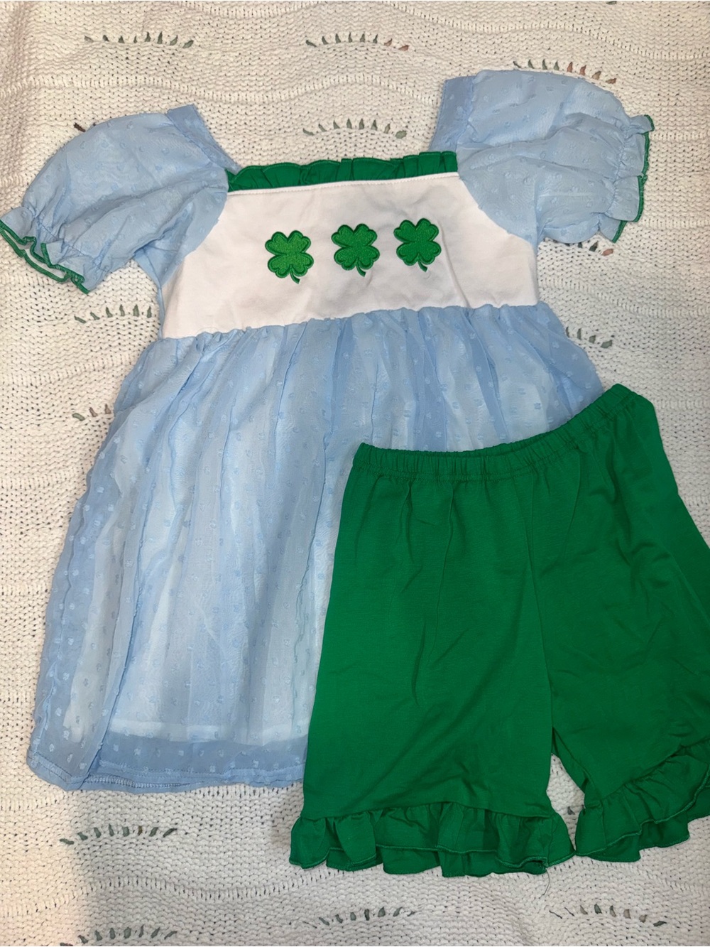 Girls Light Blue Dress & Green Ruffle Shorts Matching Set